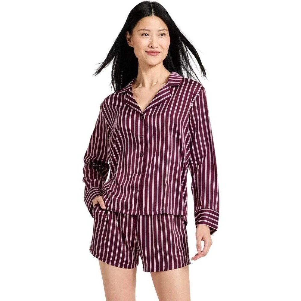 Auden Women's Burgundy Striped Luxe Satin 2pc Pajama Set Size XL
